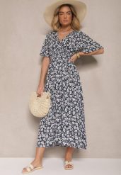Granatowa Sukienka Rozkloszowana o Kopertowym Kroju w Kwiatowy Print Borriz. Niebieskie sukienki Renee, na co dzień, l, bez wzorów, eleganckie, bez kołnierzyka, bez ramiączek, maxi, kopertowe. Za 69.99 zł.