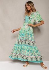 Zielona Boho Sukienka z Wiskozy z Ozdobnymi Guzikami i Cienkim Paskiem w Talii Dimosia. Zielone sukienki Renee, na co dzień, l, bez wzorów, z wiskozy, boho, bez kołnierzyka, bez ramiączek, maxi, proste. W wyprzedaży za 91.99 zł.