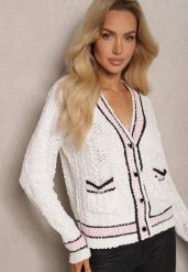 Beżowy Kardigan z Wiskozą na Guziki z Paskami Liathalie. Brązowe swetry Renee, s, bez wzorów, z jeansu, eleganckie, bez ramiączek. W wyprzedaży za 95.99 zł.