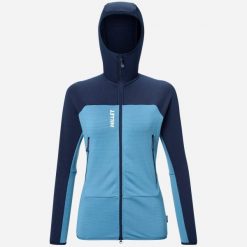 Bluza turystyczna damska Millet Fusion Grid Hoodie active fit Polartec PowerGrid. Niebieskie bluzy z kapturem Millet, s, bez wzorów, z elastanu, z kapturem, trekkingowe. Za 519.00 zł.