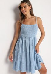 Niebieska Rozkloszowana Sukienka na Ramiączkach z Gumkami w Talii Ageridia. Niebieskie sukienki Born2be, na spotkanie biznesowe, l, bez wzorów, eleganckie, bez kołnierzyka, bez ramiączek, mini, dopasowane. Za 99.99 zł.