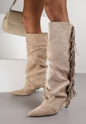 Ciemnobeżowe Kozaki na Szpilce w Stylu Boho Ozdobione Frędzlami Mevinavia. Brązowe kozaki Renee, na lato, z aplikacjami, z jeansu, boho, bez obcasa, na obcasie, bez zapięcia. Za 199.99 zł.