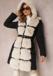 Czarno-Beżowa Kurtka Pikowana z Futerkiem i Paskiem Lisie. Czarne kurtki Renee, l, bez wzorów, bez kaptura. W wyprzedaży za 272.99 zł.