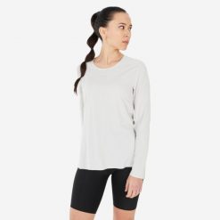 Koszulka turystyczna damska z długim rękawem Quechua MH500. Brązowe t-shirty sportowe QUECHUA, xl, bez wzorów, z materiału, bez ramiączek, trekkingowe. Za 79.99 zł.