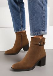 Brązowe Botki na Słupku z Ozdobnym Paskiem z Klamrą przy Cholewce Reallira. Brązowe botki Born2be, bez wzorów, z jeansu, eleganckie, bez obcasa, na obcasie, bez zapięcia. W wyprzedaży za 104.99 zł.