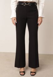Czarne Spodnie Eleganckie o Kroju Dzwonów w Kant Ozdobione Paskiem Neronia. Czarne jeansy Born2be, m, bez wzorów, z jeansu, biznesowe, długie. Za 129.99 zł.