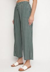 Zielone Szerokie Spodnie z Wysokim Stanem w Geometryczny Wzór Sarivan. Zielone jeansy Born2be, l, bez wzorów, z bawełny, z podwyższonym stanem. Za 49.99 zł.