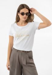 T-shirt z printem T-CORIS. Białe t-shirty Volcano, s, bez wzorów, z bawełny, eleganckie, bez kołnierzyka, bez ramiączek. Za 69.99 zł.