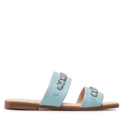 Klapki Eva Longoria. Niebieskie klapki Eva Longoria, bez wzorów, bez obcasa, bez zapięcia. Za 349.99 zł.