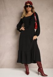 Czarna Sukienka Ozdobiona Falbanami o Rozkloszowanym Kroju Alleira. Czarne sukienki Renee, na co dzień, z aplikacjami, eleganckie, bez kołnierzyka, bez ramiączek, maxi, proste. W wyprzedaży za 67.99 zł.