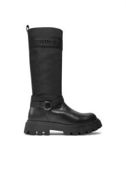 TWINSET Kozaki Stivale 242GCJ S Czarny. Czarne kozaki Twinset, bez wzorów, ze skóry, bez obcasa, na płaskiej podeszwie, bez zapięcia. Za 1,249.00 zł.