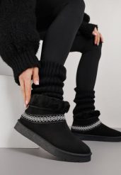 Czarne Rustykalne Śniegowce z Imitacji Zamszu z Haftem i Futerkiem Zetilda. Czarne śniegowce Renee, z aplikacjami, z dzianiny, bez zapięcia. Za 99.99 zł.