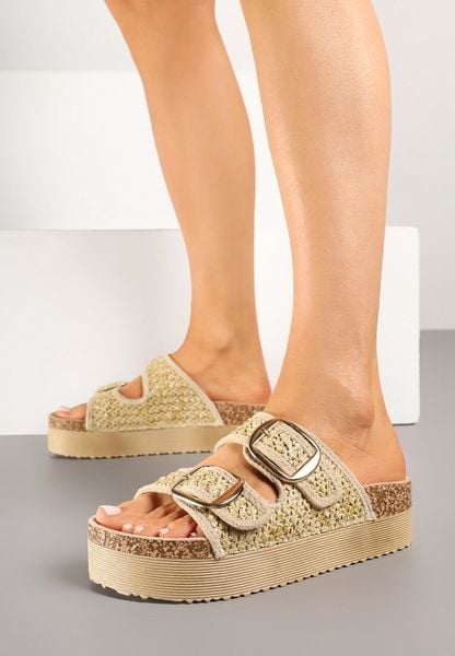 Beżowe Klapki na Grubej Podeszwie z Szydełkową Cholewką z Klamrami Redeavelle. Brązowe klapki Born2be, bez wzorów, boho, bez obcasa, na płaskiej podeszwie, bez zapięcia. Za 89.99 zł.