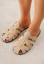 Beżowe Klapki z Paskami w Stylu Gladiatorek z Klamerką Lorianatea. Brązowe klapki Born2be, bez wzorów, z jeansu, bez obcasa, na płaskiej podeszwie, bez zapięcia. Za 69.99 zł.