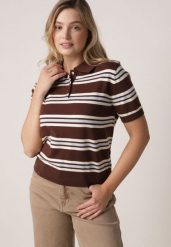 Brązowy T-shirt Typu Polo z Wiskozą Ozdobiony Guzikami i Paskami Esefia. Brązowe t-shirty Born2be, m, bez wzorów, z jeansu, bez kołnierzyka, bez ramiączek. Za 119.99 zł.