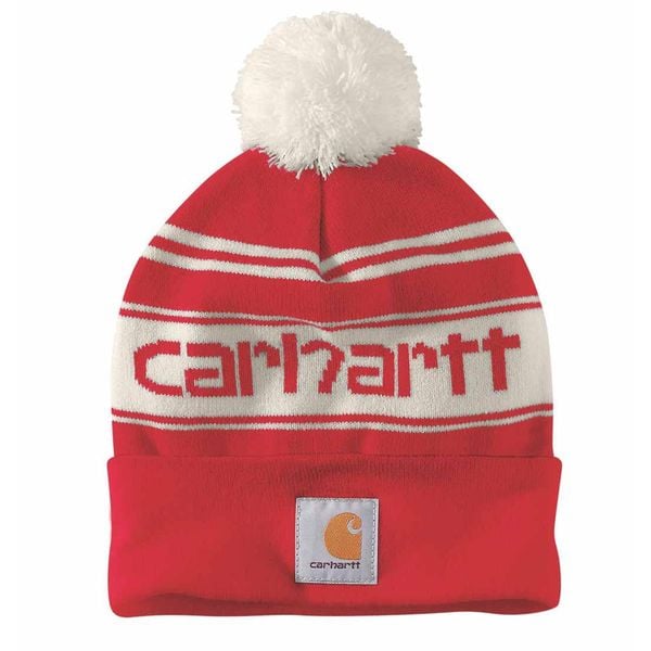 Czapka zimowa z pomponem Carhartt Knit Pom-Pom Cuffed Logo Beanie. Czerwone czapki zimowe Carhartt, bez wzorów, sportowe. Za 106.00 zł.