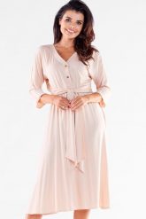 Casualowa Midi Sukienka - Beżowa. Brązowe sukienki Awama, l, bez wzorów, z elastanu, wizytowe, bez kołnierzyka, bez ramiączek, midi. Za 286.90 zł.