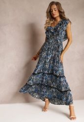 Granatowo-Czarna Wiskozowa Sukienka Maxi z Pomponami i Gumką w Talii Belmona. Niebieskie sukienki Renee, na imprezę, m, bez wzorów, z wiskozy, bez kołnierzyka, bez ramiączek, maxi, rozkloszowane. W wyprzedaży za 75.99 zł.