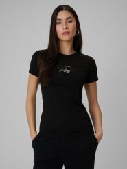 4F T-shirt slim z nadrukiem damski - czarny XS. Czarne t-shirty 4f, l, bez wzorów, z jeansu, bez kołnierzyka, bez ramiączek. W wyprzedaży za 39.99 zł.