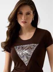 Guess T-Shirt 182454 Brązowy Classic Fit. Brązowe t-shirty Guess, xs, z aplikacjami, bez kołnierzyka, bez ramiączek. Za 194.99 zł.