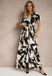 Czarna Rozkloszowana Sukienka z Wiskozy z Kopertowym Dekoltem i Paskiem Kerriana. Czarne sukienki Renee, na co dzień, l, bez wzorów, z wiskozy, eleganckie, bez kołnierzyka, bez ramiączek, maxi, kopertowe. Za 99.99 zł.