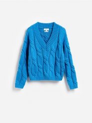 Sweter z wełną - niebieski. Niebieskie swetry Reserved, l, bez wzorów, z dzianiny, bez ramiączek. Za 279.99 zł.