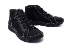 RIEKER 55048-00 black, trzewiki damskie. Czarne botki Rieker, bez wzorów, bez obcasa, bez zapięcia. Za 279.92 zł.