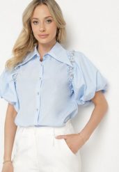 Jasnoniebieska Koszula Caneope. Niebieskie koszule Born2be, m, z aplikacjami, z tkaniny, klasyczne, bez kołnierzyka, bez ramiączek. W wyprzedaży za 42.49 zł.