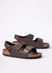 Sandały damskie brązowe Birkenstock Milano BF. Brązowe sandały Birkenstock, bez wzorów, młodzieżowe, bez obcasa, bez zapięcia. Za 349.99 zł.
