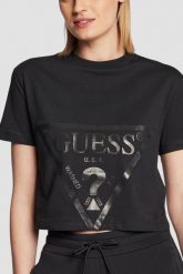 GUESS Czarny bawełniany t-shirt damski Adele Crop, Rozmiar S. Czarne t-shirty Guess, s, z aplikacjami, z bawełny, bez kołnierzyka, bez ramiączek. Za 189.99 zł.