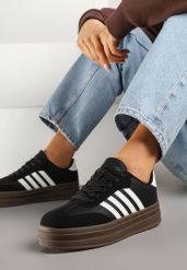 Czarno-Białe Sneakersy Kultowe Tenisówki na Grubej Podeszwie z Tłoczeniami Ellimia. Czarne trampki Renee, bez wzorów, z jeansu, bez zapięcia. W wyprzedaży za 91.99 zł.