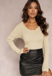 Beżowy Sweter z Prążkowanej Dzianiny i Połyskującą Nitką Sunner. Brązowe swetry Renee, m, bez wzorów, z dzianiny, casualowe, bez ramiączek. W wyprzedaży za 87.99 zł.