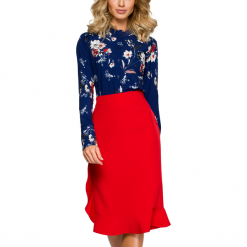 Ołówkowa spódnica na kolano z falbaną elegancka czerwona. Czerwone spódnice Produkt Polski, l, bez wzorów, z elastanu, eleganckie, midi, ołówkowe. Za 172.00 zł.