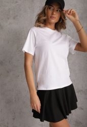 Biały Bawełniany T-shirt Ozdobiony po Bokach Rozcięciami Brinelle. Białe t-shirty Renee, m, bez wzorów, z bawełny, eleganckie, bez kołnierzyka, bez ramiączek. Za 39.99 zł.