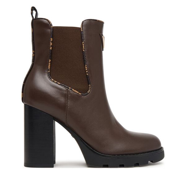 Botki Guess. Brązowe botki Guess, z aplikacjami, bez obcasa, na słupku, bez zapięcia. Za 634.99 zł.