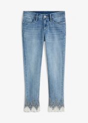 Jeansy skinny z koronką, cropped. Niebieskie jeansy bonprix, z aplikacjami, z jeansu. Za 169.99 zł.