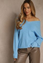 Niebieski Sweter z Dodatkiem Kaszmiru i Trójkątnym Dekoltem Silefera. Niebieskie swetry Renee, bez wzorów, z jeansu, casualowe, bez ramiączek. Za 99.99 zł.