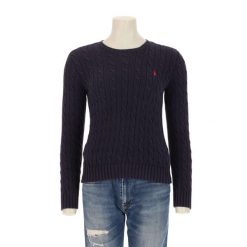 Second life - Damski sweter z grubym splotem cable knit - Stan bardzo dobry. Niebieskie swetry Ralph Lauren, bez wzorów, ze splotem, sportowe, bez ramiączek. Za 255.56 zł.
