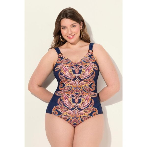 Damski Kostium kąpielowy wzór paisley miękkie miseczki z recyklingu. Niebieskie stroje jednoczęściowe Ulla Popken, bez wzorów, z elastanu, sportowe. W wyprzedaży za 179.99 zł.