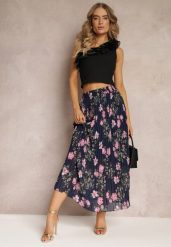 Granatowa Spódnica Ozdobiona Plisami z Gumką w Pasie i Elastyczną Podszewką Vislo. Niebieskie spódnice Renee, bez wzorów, boho, maxi, rozkloszowane. W wyprzedaży za 47.99 zł.