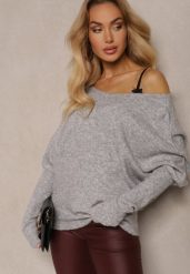 Szary Sweter z Lnem Oversize z Dekoltem w Łódkę Sassista. Szare swetry Renee, m, bez wzorów, z jeansu, biznesowe, bez ramiączek. W wyprzedaży za 111.99 zł.
