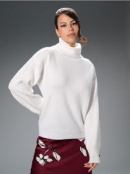 Golf ze zdrobieniami na rękawach - biały. Białe swetry Sinsay, l, bez wzorów, bez ramiączek. Za 69.99 zł.