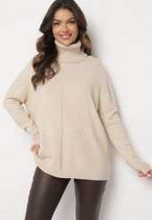 Beżowy Sweter z Golfem i Dodatkiem Kaszmiru Rorizia. Brązowe swetry Born2be, na zimę, z aplikacjami, z jeansu, biznesowe, bez ramiączek. Za 119.99 zł.