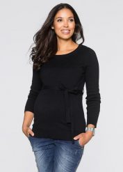 Sweter ciążowy z 100% bawełny, z wiązanym paskiem. Czarne swetry bonprix, bez wzorów, z bawełny, moda ciążowa, bez ramiączek. Za 99.99 zł.