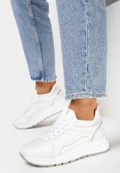 Białe Sneakersy na Grubej Podeszwie z Metalicznymi Wstawkami i Sznurowaniem Aelria. Białe buty sportowe lifestyle Born2be, bez wzorów, sportowe, bez zapięcia. W wyprzedaży za 110.49 zł.