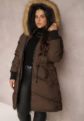 Brązowa Kurtka Pikowana z Futerkiem Damene. Brązowe kurtki Renee, plus size, bez wzorów, z futra, eleganckie, bez kaptura. W wyprzedaży za 153.99 zł.