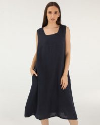 GŁADKA LNIANA SUKIENKA. Sukienki Unisono, s, bez wzorów, z tkaniny, bez kołnierzyka, bez ramiączek, midi, rozkloszowane. Za 239.00 zł.