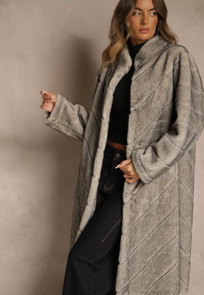 Beżowy Płaszcz Futerko o Długim Kroju z Przeszyciami i Stójką Zeniera. Brązowe płaszcze Renee, l, bez wzorów, z futra, eleganckie, bez kaptura. Za 429.99 zł.