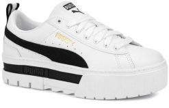 Damskie buty sportowe sneakersy na platformie białe PUMA MAYZE. Białe buty treningowe Puma, z aplikacjami, z materiału, bez zapięcia, trekkingowe. Za 215.00 zł.
