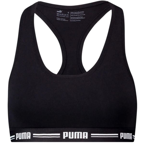 Stanik sportowy damski Puma Racer Back Top 1P Hang. Czarne biustonosze sportowe Puma, bez wzorów, na fitness i siłownię. W wyprzedaży za 67.60 zł.